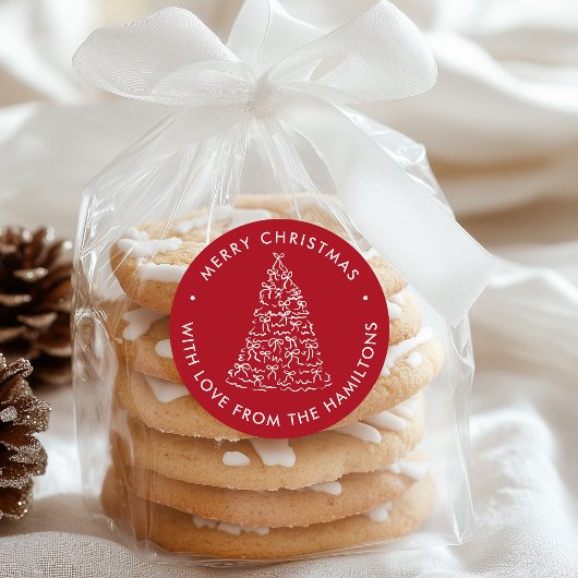 Whimsical Christmas Tree Bows Red Christmas Ronde Sticker