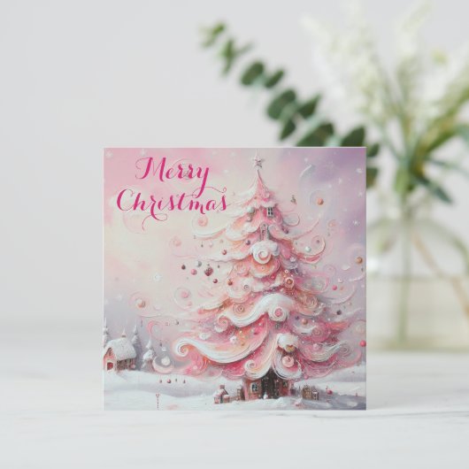 Whimsical Christmas Tree Pink gepersonaliseerd Feestdagenkaart (Staand voorkant)
