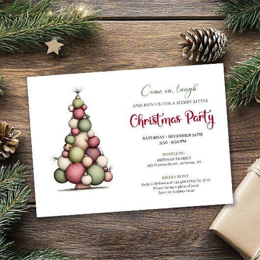 Whimsical Christmas Tree Red Green Holiday Invite Kaart