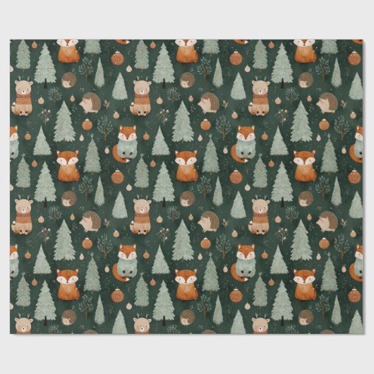 Whimsical Christmas Tree with Red Fox Dark Green Cadeaupapier (Vlak)