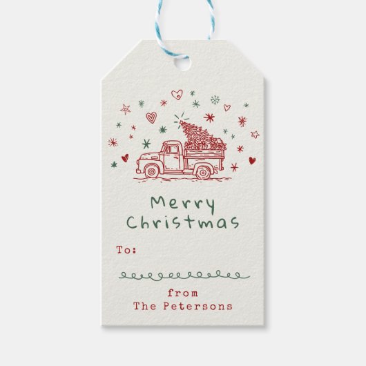 Whimsical Christmas Truck Retro Rood en Groen Cadeaulabel (Voorkant)