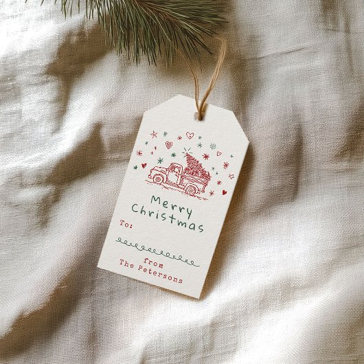 Whimsical Christmas Truck Retro Rood en Groen Cadeaulabel