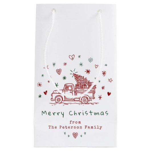 Whimsical Christmas Truck Retro Rood en Groen Klein Cadeauzakje (Voorkant)