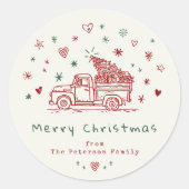 Whimsical Christmas Truck Retro Rood en Groen Ronde Sticker (Voorkant)
