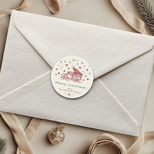 Whimsical Christmas Truck Retro Rood en Groen Ronde Sticker