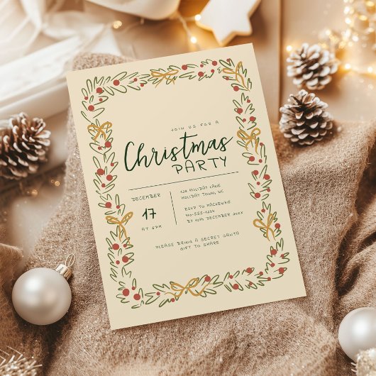 Whimsical Christmas Wreath & Bow Party Invitation Kaart
