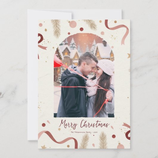 Whimsical Christmas Wreath & Bows Photo Card – Min Feestdagenkaart (Voorkant)