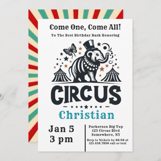 Whimsical Circus Verjaardag Bash Kaart (Voorkant / Achterkant)
