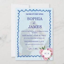 Whimsical Citrus Biue & flower Wedding  Kaart