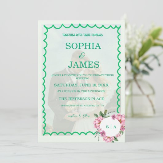 Whimsical Citrus Green & flower Wedding Kaart (Staand voorkant)