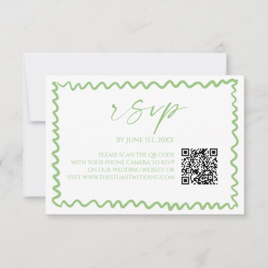 Whimsical Citrus Green Wavy Border QR Code Wedding RSVP Kaartje (Voorkant)