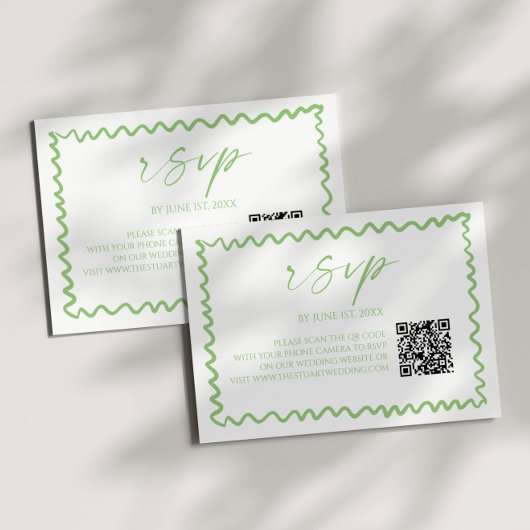 Whimsical Citrus Green Wavy Border QR Code Wedding RSVP Kaartje