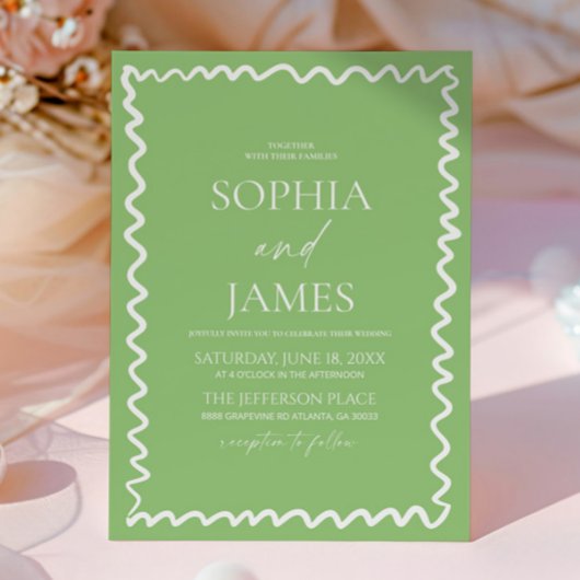 Whimsical Citrus Green Wavy Border Wedding Kaart
