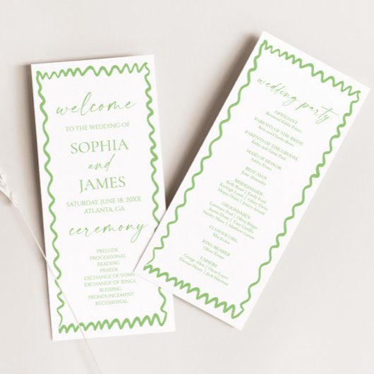 Whimsical Citrus Green Wavy Border Wedding Programmakaart