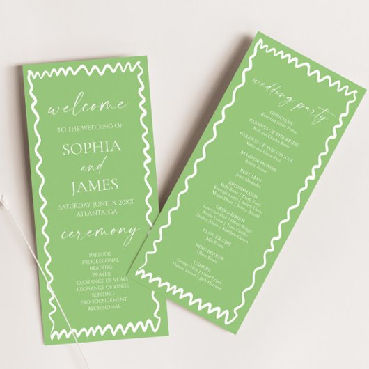 Whimsical Citrus Green Wavy Border Wedding Programmakaart