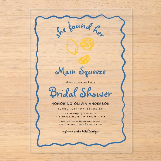 Whimsical Citrus Main Squeeze Funky Vrijgezellenfe Acryl Uitnodigingen (Voorkant)