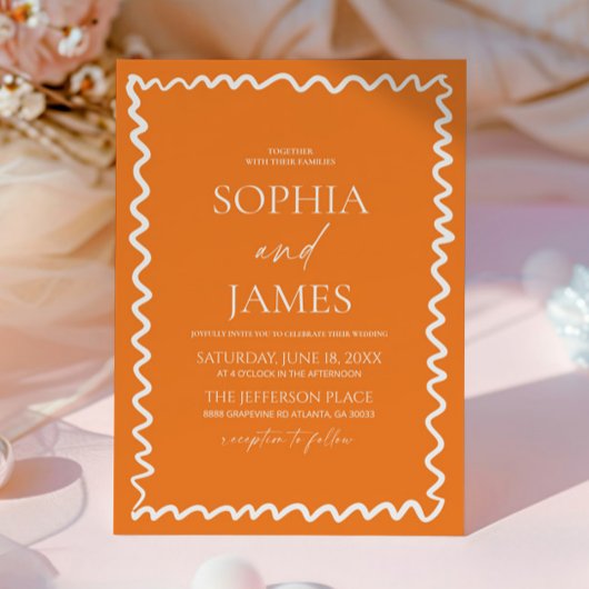 Whimsical Citrus Orange Wavy Border Wedding Kaart
