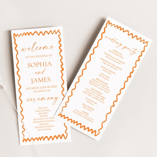 Whimsical Citrus Orange Wavy Border Wedding Programmakaart