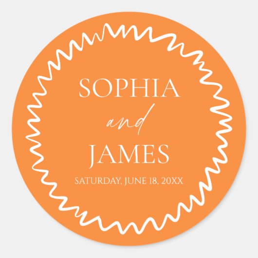 Whimsical Citrus Orange Wavy Border Wedding Ronde Sticker (Voorkant)