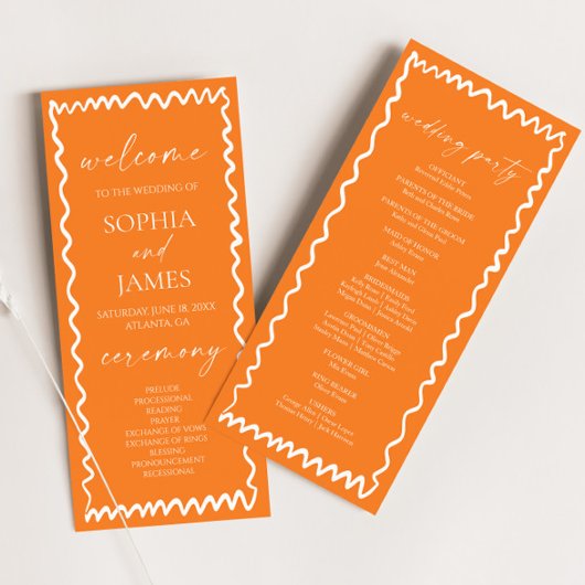 Whimsical Citrus Oranje Golf Rand Bruiloft Programmakaart