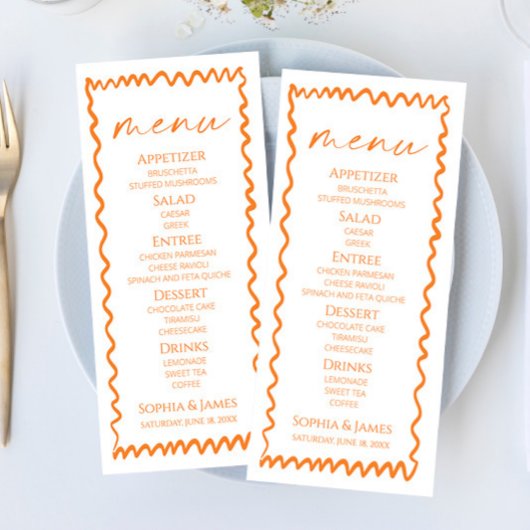 Whimsical Citrus Oranje Golflijn Trouwfeest Menu