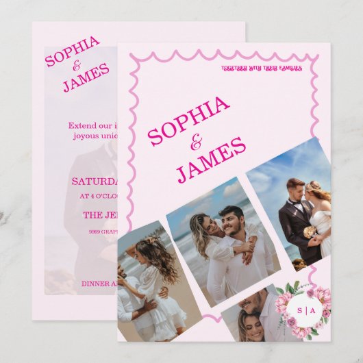 Whimsical Citrus pink & Photo Collage Wedding Kaart (Voorkant / Achterkant)