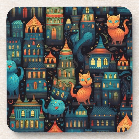 Whimsical City Cats AI Kunst Bier Onderzetter (Voorkant)