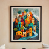 Whimsical City Moderne volkskunst olieverfschilder Poster