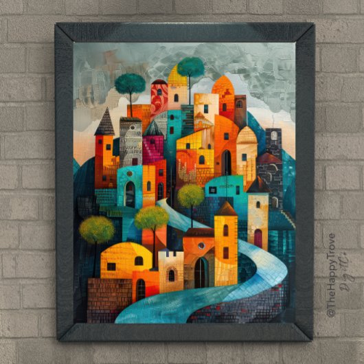 Whimsical City Moderne volkskunst olieverfschilder Poster