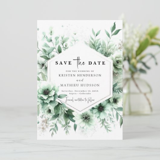 Whimsical Classic Floral Sage Green Wedding Save The Date (Staand voorkant)