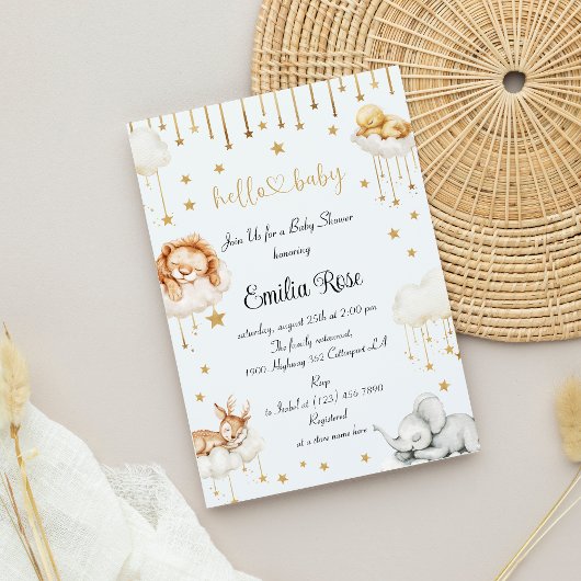 Whimsical Cloud Baby shower Gold Stars Schattig Di Kaart