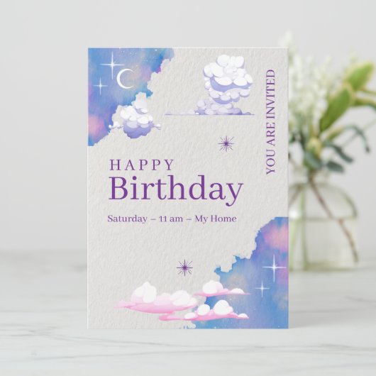Whimsical Cloud & Galaxy Birthday Invitation Kaart (Staand voorkant)