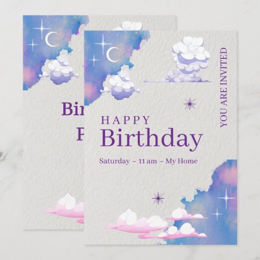 Whimsical Cloud & Galaxy Birthday Invitation Kaart (Voorkant / Achterkant)