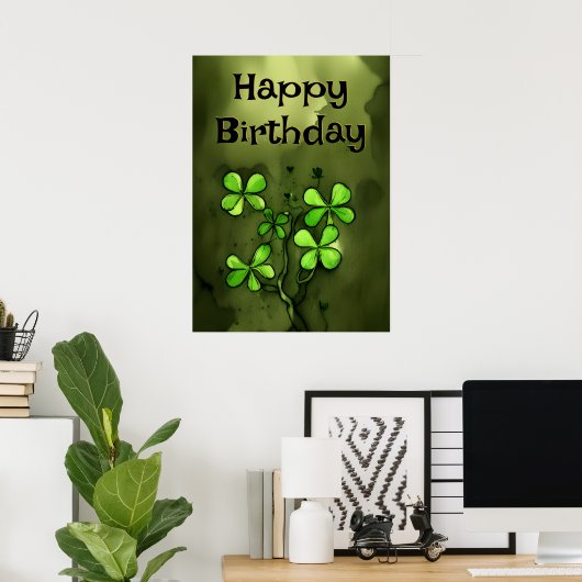 Whimsical Clovers Happy Birthday Poster (Thuiskantoor)