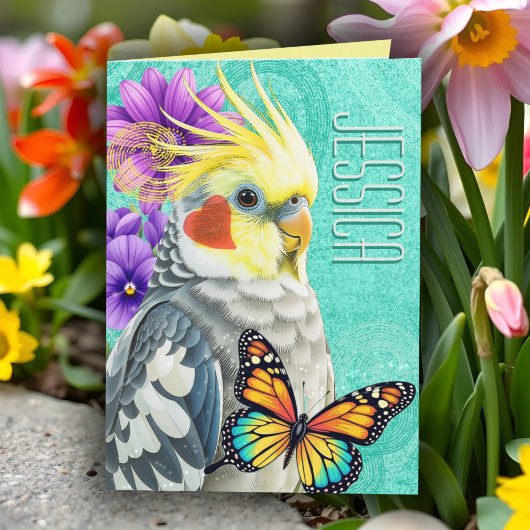 Whimsical Cockatiel Vibrant Spring Flower Collage Kaart