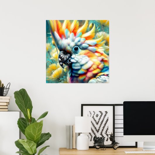 Whimsical Cockatoo Bird Yellow Poppies Floral Poster (Thuiskantoor)