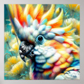 Whimsical Cockatoo Bird Yellow Poppies Floral Poster (Voorkant)