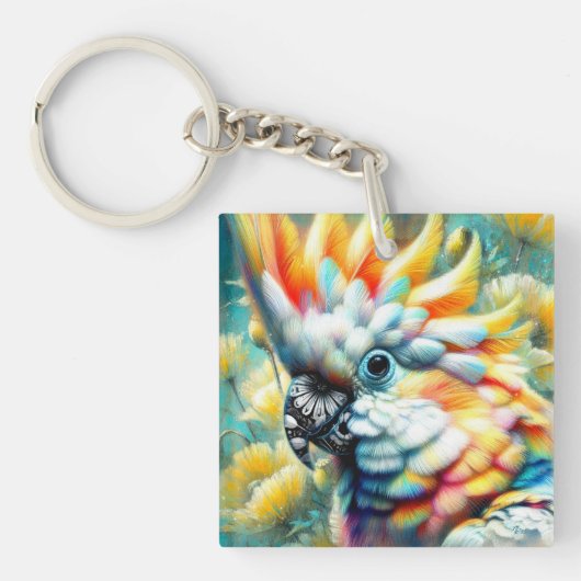 Whimsical Cockatoo Bird Yellow Poppies Floral Sleutelhanger (Voorkant)