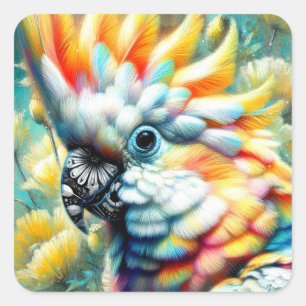 Whimsical Cockatoo Bird Yellow Poppies Floral Vierkante Sticker