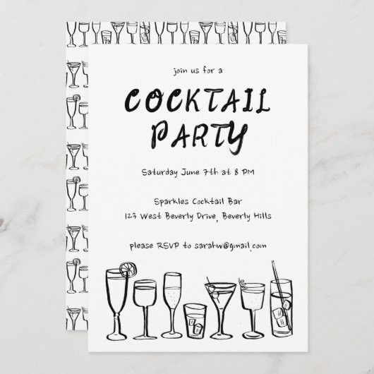 Whimsical Cocktail Drink Custom Birthday Party BW Kaart (Voorkant / Achterkant)