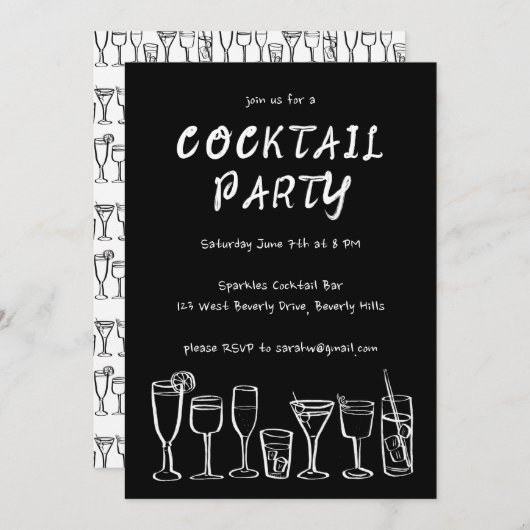 Whimsical Cocktail Drink Custom Birthday Party BW Kaart (Voorkant / Achterkant)