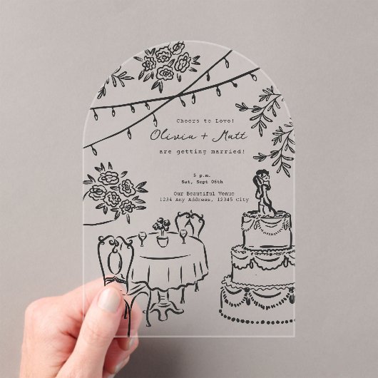 Whimsical Cocktail Hand Drawn Wedding Invitation Acryl Uitnodigingen (Insitu (Draagbaar))