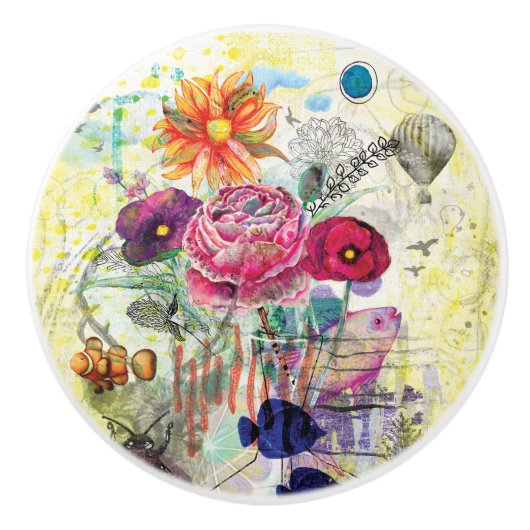Whimsical collagekunst met gemengde techniek keramische knop (Voorkant)