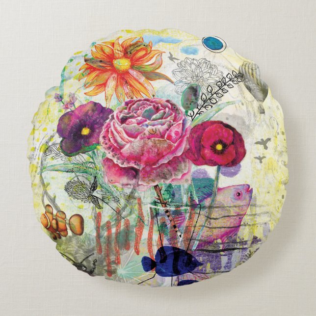 Whimsical collagekunst met gemengde techniek rond kussen (Voorkant)
