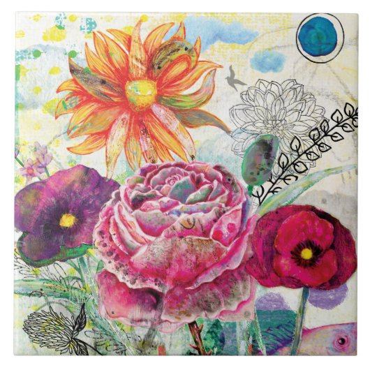 Whimsical collagekunst met gemengde techniek tegeltje (Voorkant)