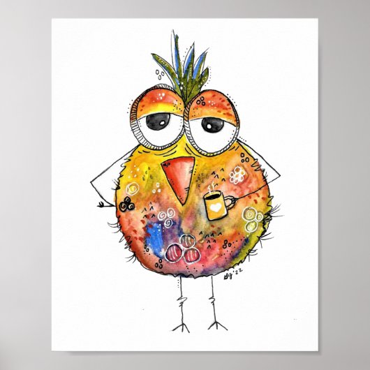Whimsical Colorful Bird Drink Coffee Poster (Voorkant)
