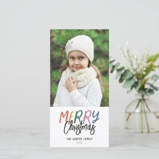 Whimsical Colorful Merry-kerstfoto Feestdagenkaart (Staand voorkant)