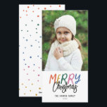 Whimsical Colorful Merry-kerstfoto Feestdagenkaart<br><div class="desc">Maak dit vakantieseizoen een stijlvolle verklaring met deze feestelijke en feestelijke fotokaart. De voorzijde biedt een afspeelbaar kleurrijk gestileerd type met uw aangepaste tekst. De achterzijde is voorzien van een passend kleurrijk puntpatroon voor een extra speciale aanraking. Ga naar mijn winkel voor meer stijlvolle vakantiekaarten.</div>