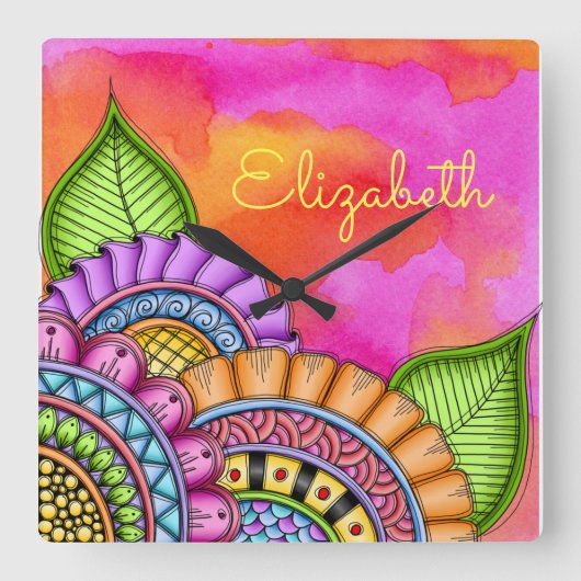 Whimsical Colorful Modern Floral Waterverf Vierkante Klok (Voorkant)