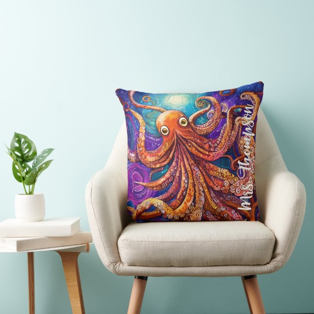 Whimsical Colorful Octopus met persoonlijke naam Kussen (Stoel)